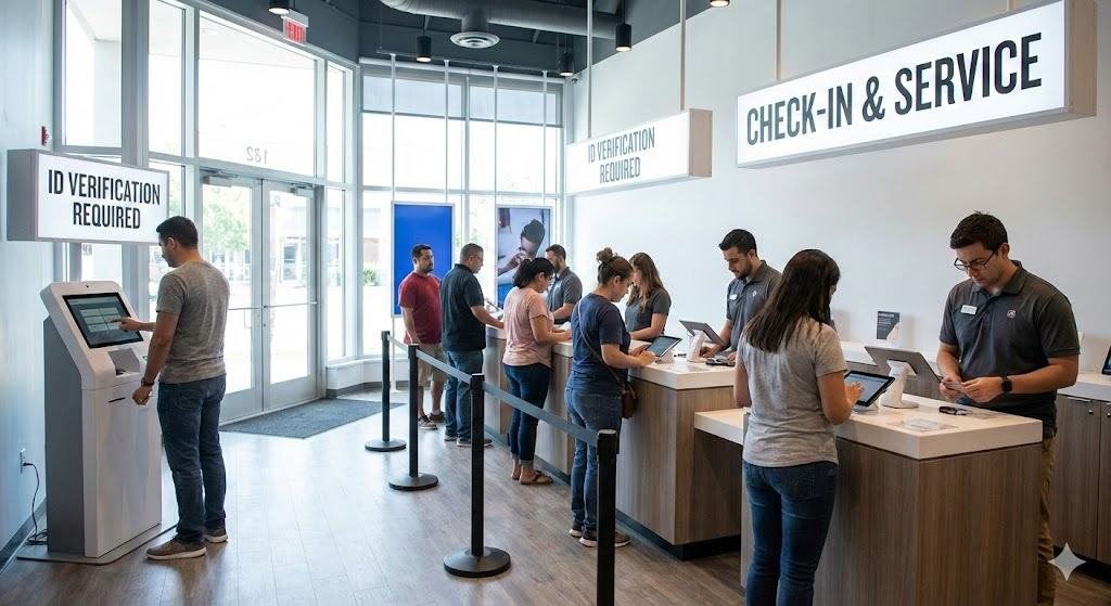Customers waiting at a telecom store check-in area with an ID verification kiosk