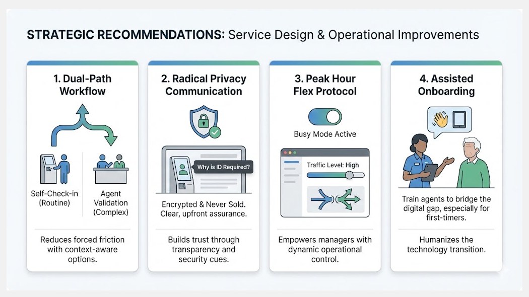 Four recommendations: a dual-path workflow, clear privacy messaging, a peak-hour switch for managers, and assisted onboarding.