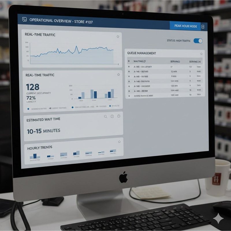 Manager dashboard: real-time traffic and estimated wait.