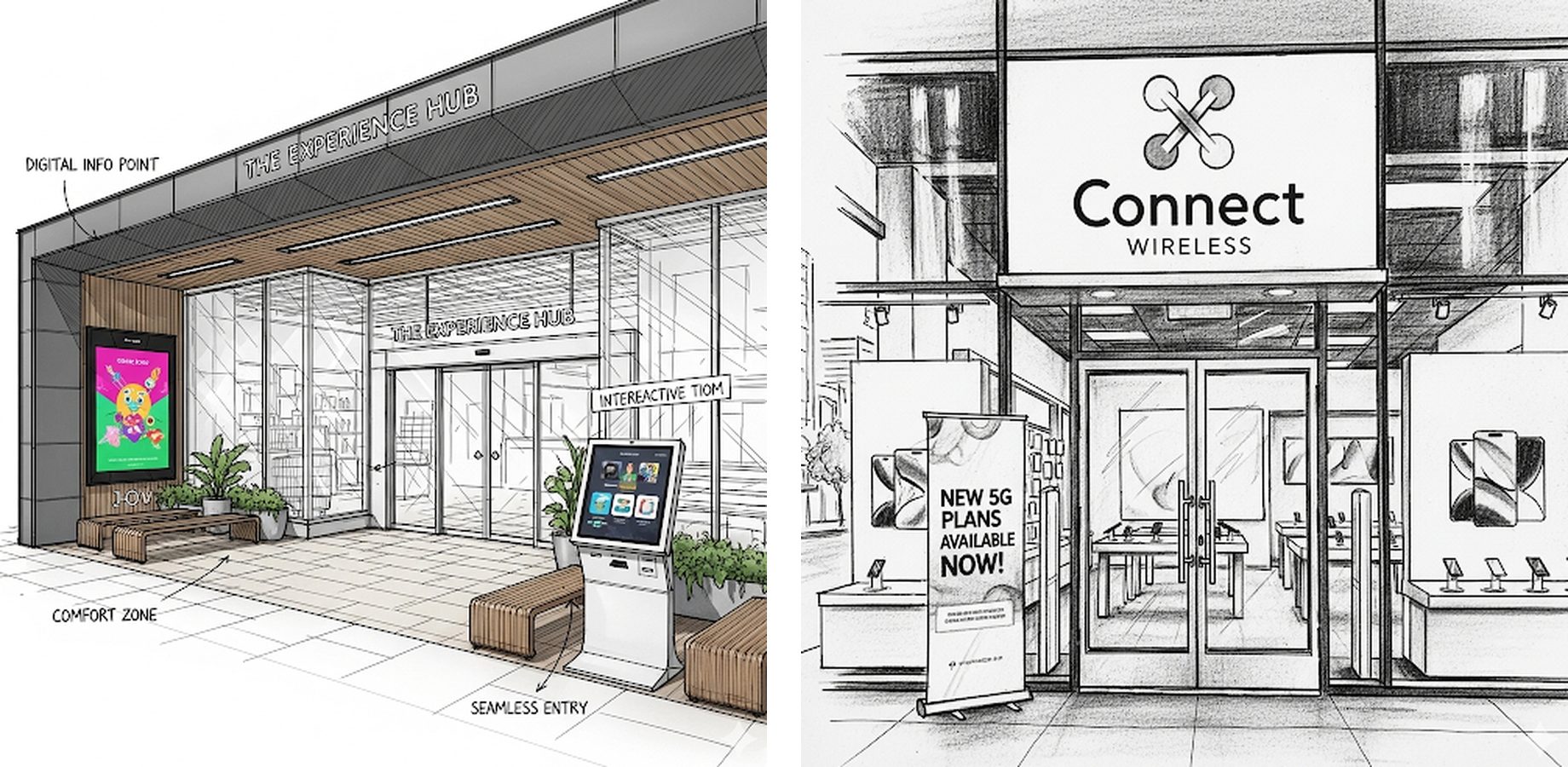 Sketches of a telecom store entrance with a digital info point and kiosk, and a storefront with promotional signage