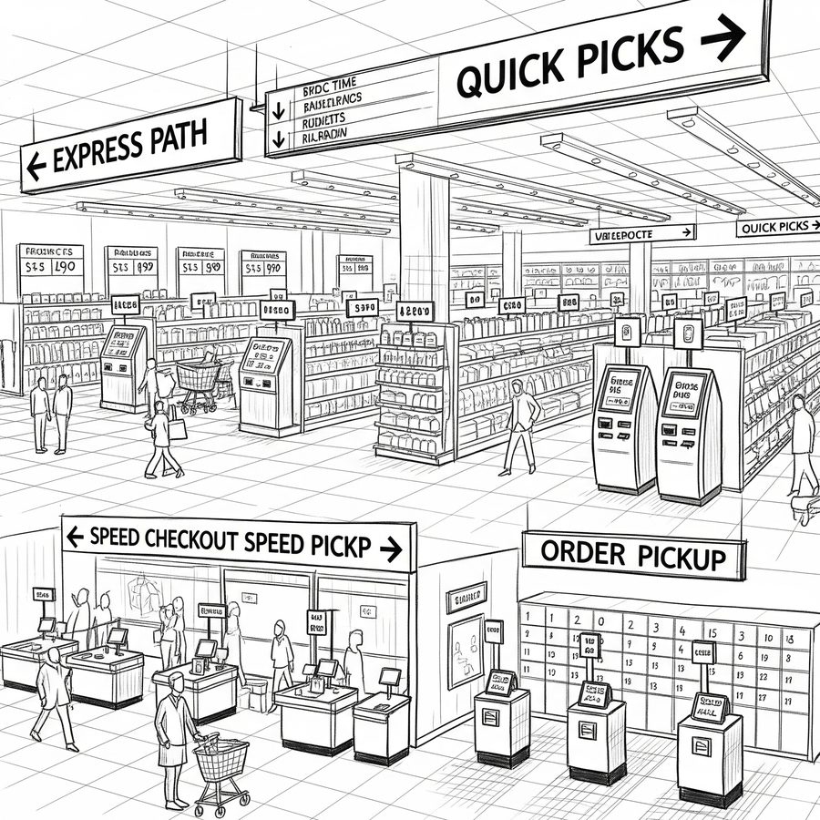 Sketch of a store with express path and quick picks signage