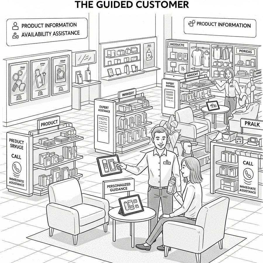 Sketch of a store employee helping a seated customer