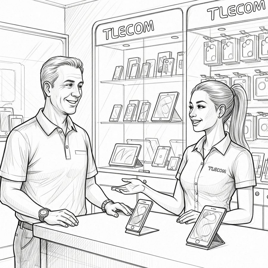 Sketch of a store employee greeting a familiar customer at the counter