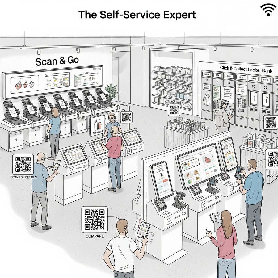 Sketch of self-service screens, scan and go and lockers