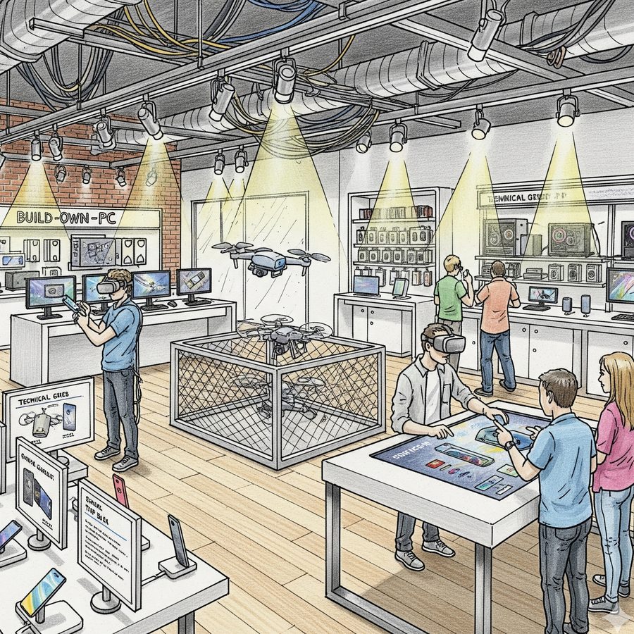 Sketch of shoppers trying devices and VR headsets