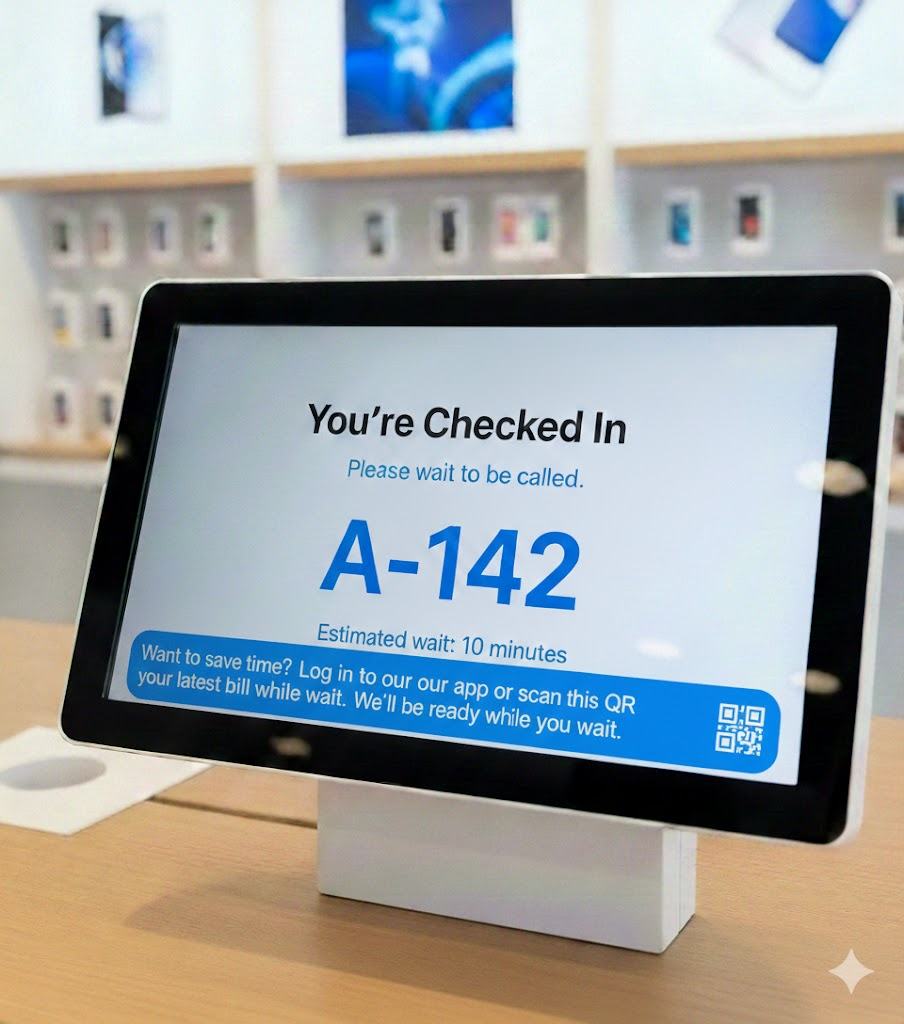 Step 5: You're Checked In — token A-142, estimated wait, light app engagement