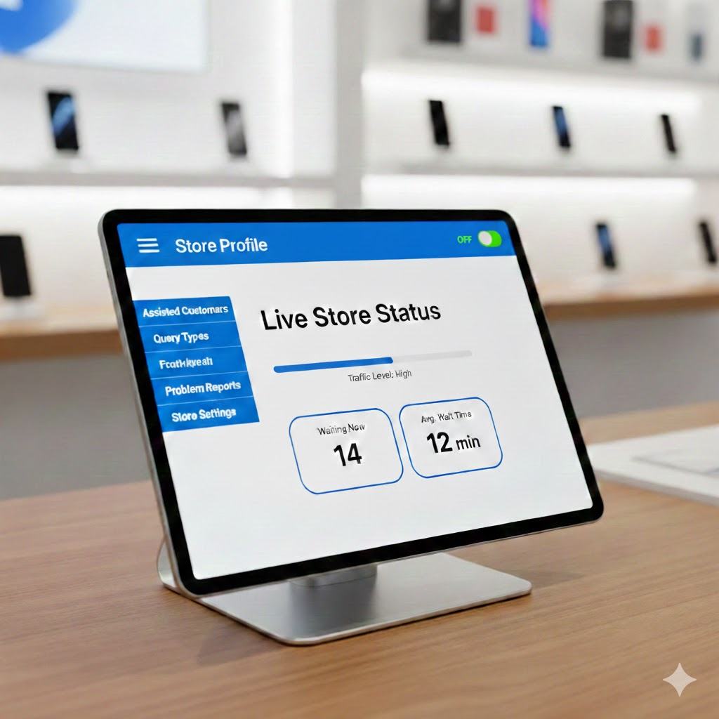 Customer support agent tablet showing Store Profile with Live Store Status — 14 waiting, 12 min avg wait