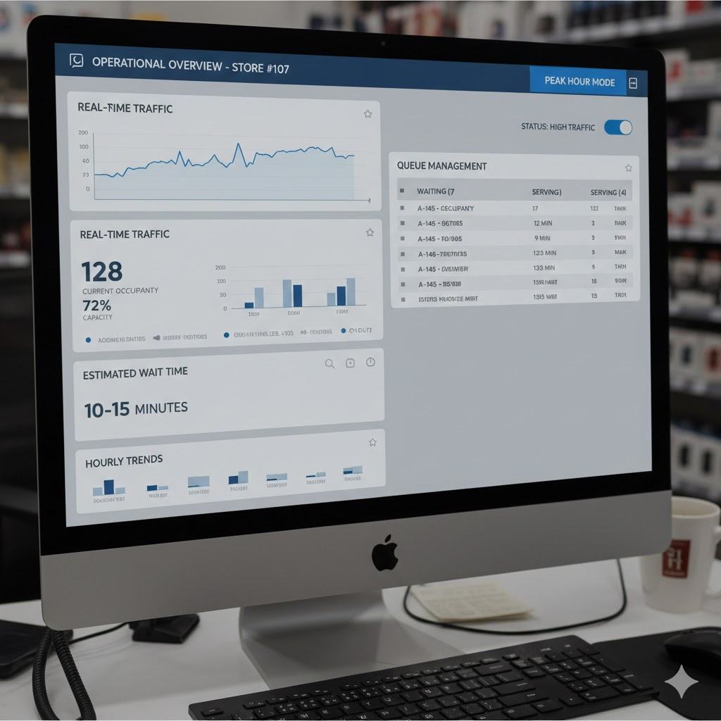 Operational Overview dashboard for Store #107 with peak hour mode, real-time traffic and queue management
