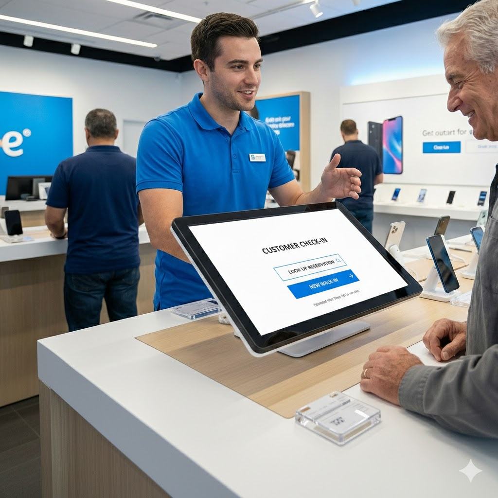 Store Customer support agent assisting an older customer at the kiosk check-in