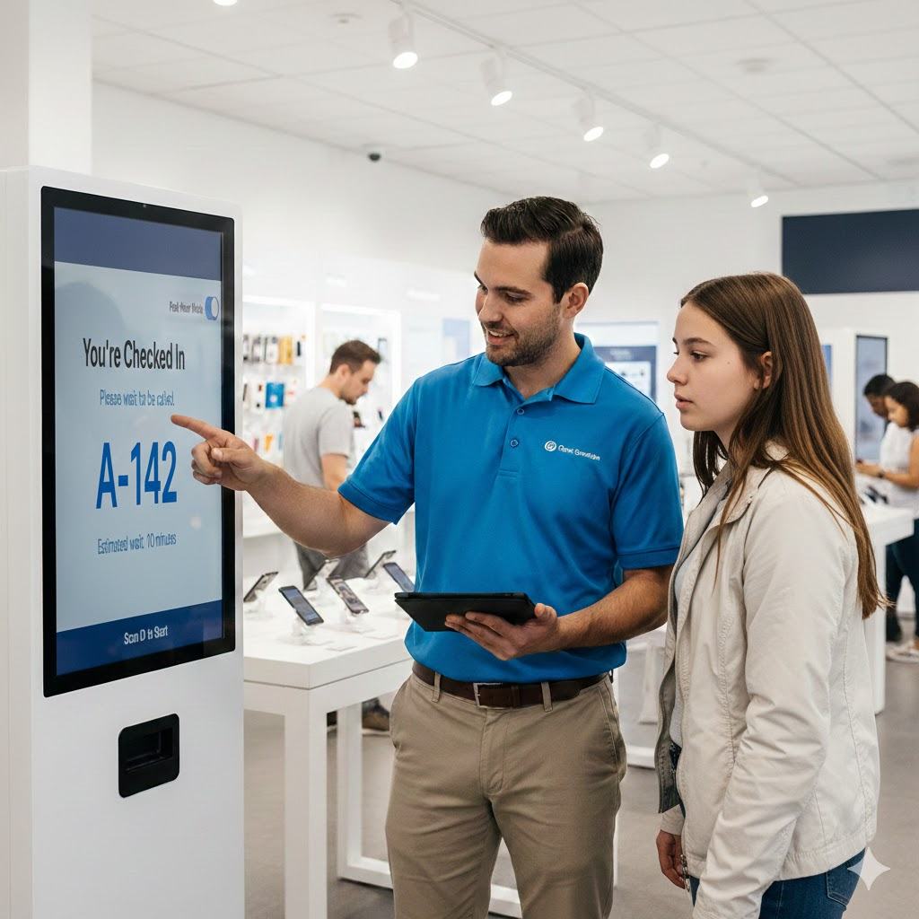Customer support agent pointing to checked-in token A-142 on large kiosk screen to reassure customer