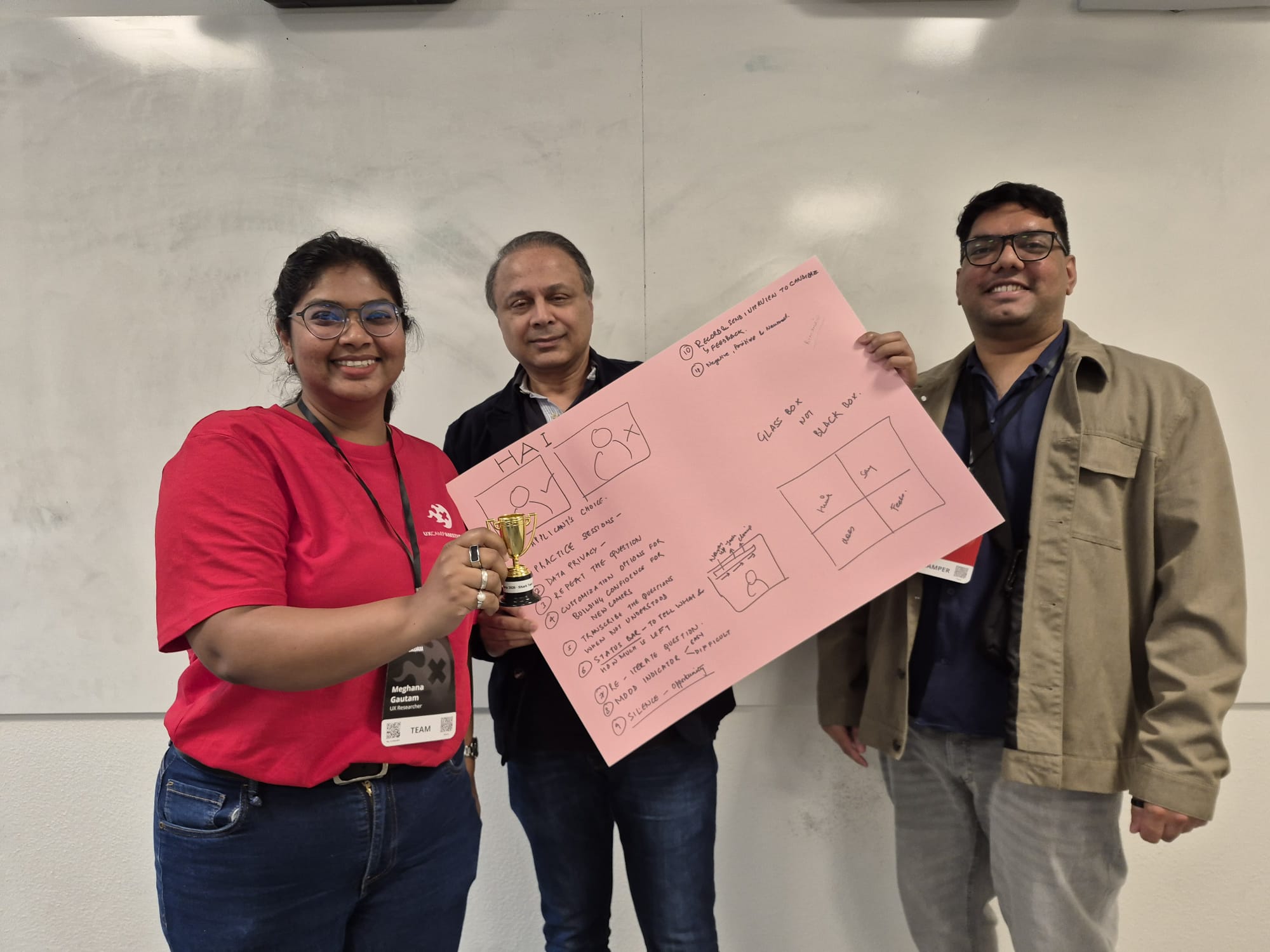 Team holding the Shark Tank trophy and sketch board